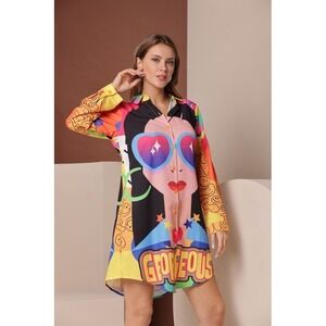Denim Love Pop Art Graphic Shirt Dress Multicolor Gorgeous Print LARGE